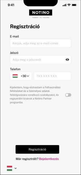 A Notino Partner alkalmazás az okostelefon kijelzőjén